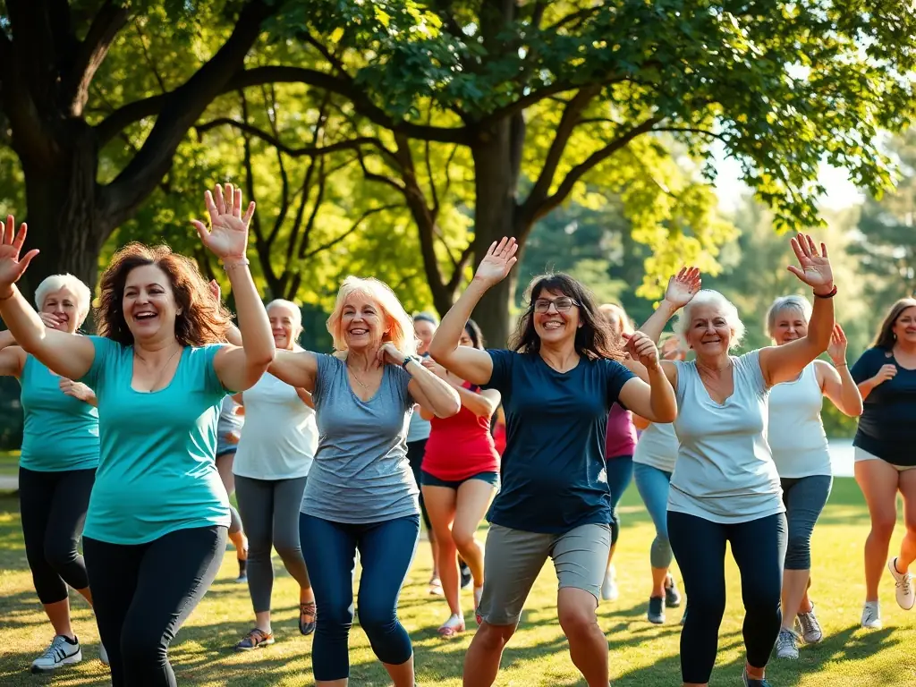A dynamic image of adults participating in a group fitness class, highlighting energy and community, with a focus on diverse ages and fitness levels.