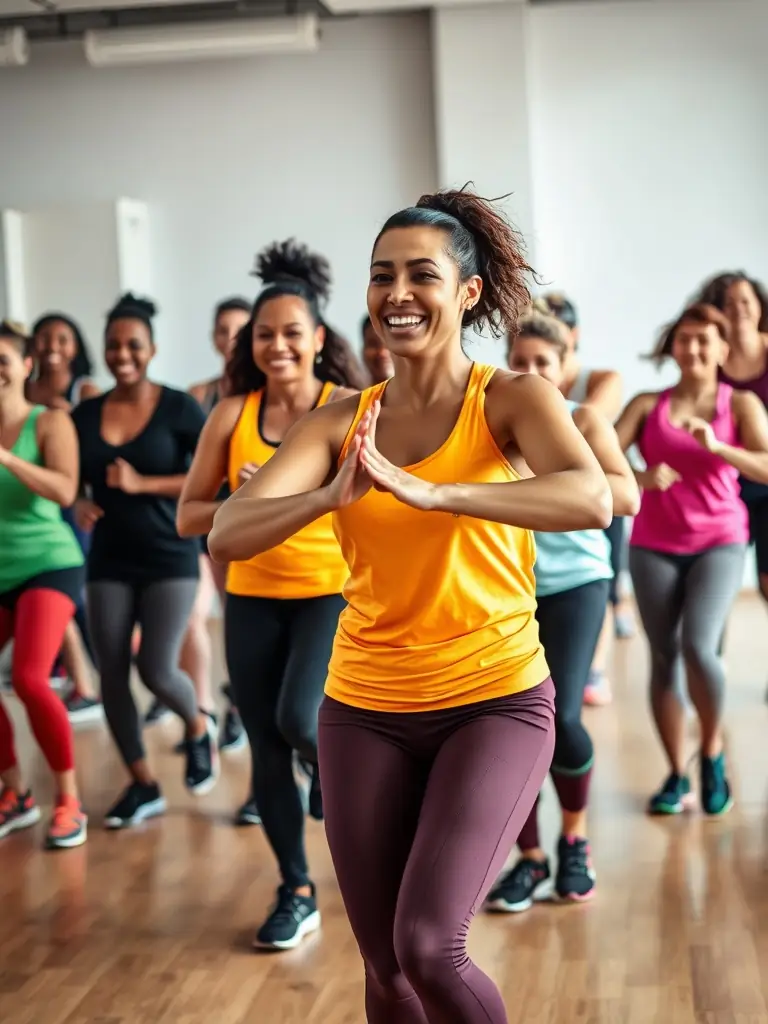 A group of adults participating in a Zumba class outdoors, demonstrating the energy and inclusivity of the fitness program.