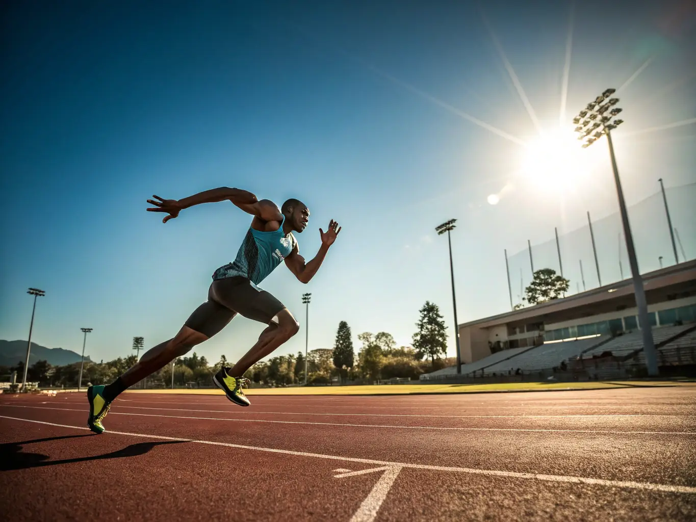 A photograph of a young athlete achieving a personal best during a track and field event, showcasing determination and personal growth.