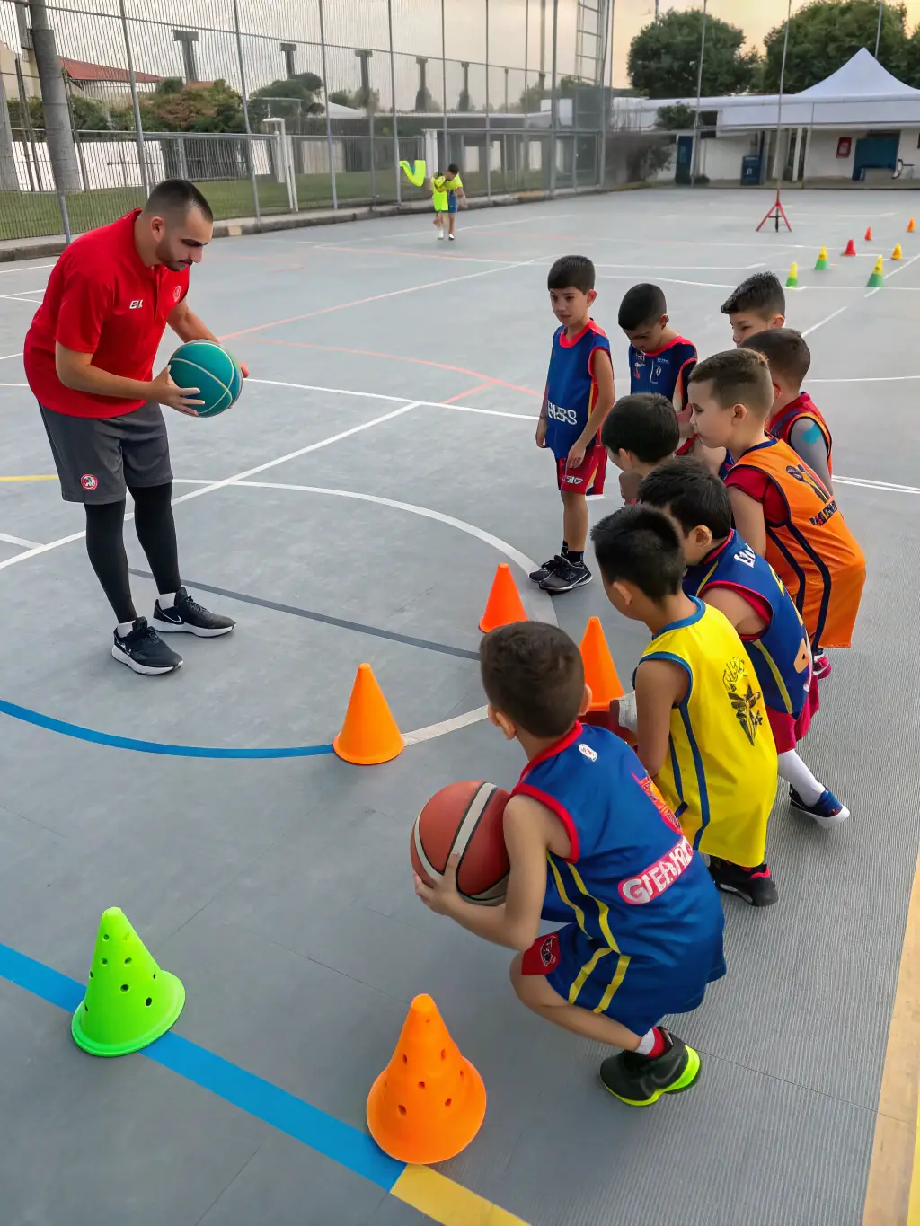 A dynamic image of children participating in a basketball clinic, showcasing teamwork and skill development under the guidance of a coach.