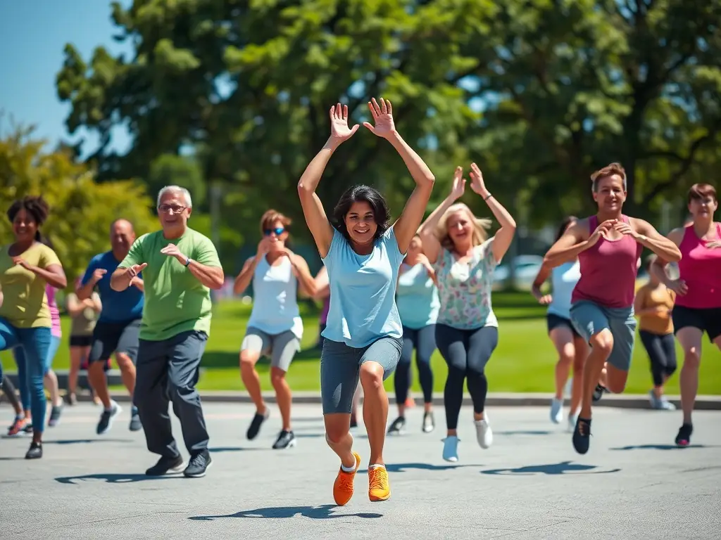 An image of adults participating in a group fitness class outdoors, emphasizing community involvement and healthy lifestyles, with a focus on inclusivity and accessibility.
