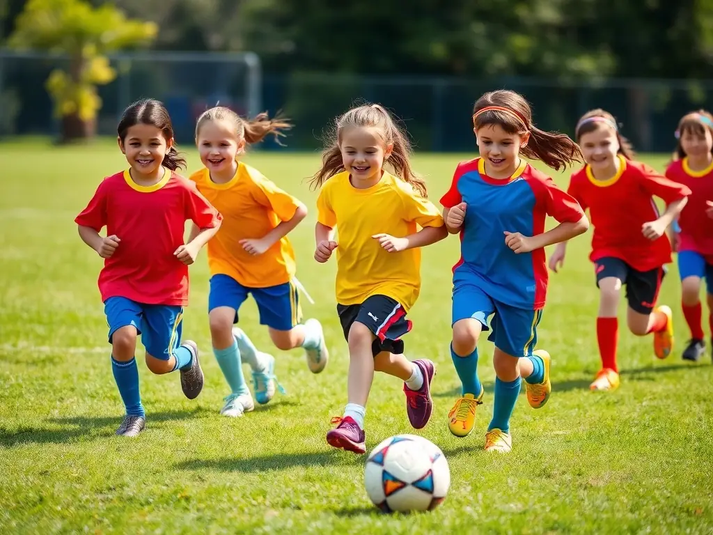 A vibrant image of children participating in a soccer clinic, showcasing teamwork and active engagement, set against a backdrop of a sunny day at a local park.