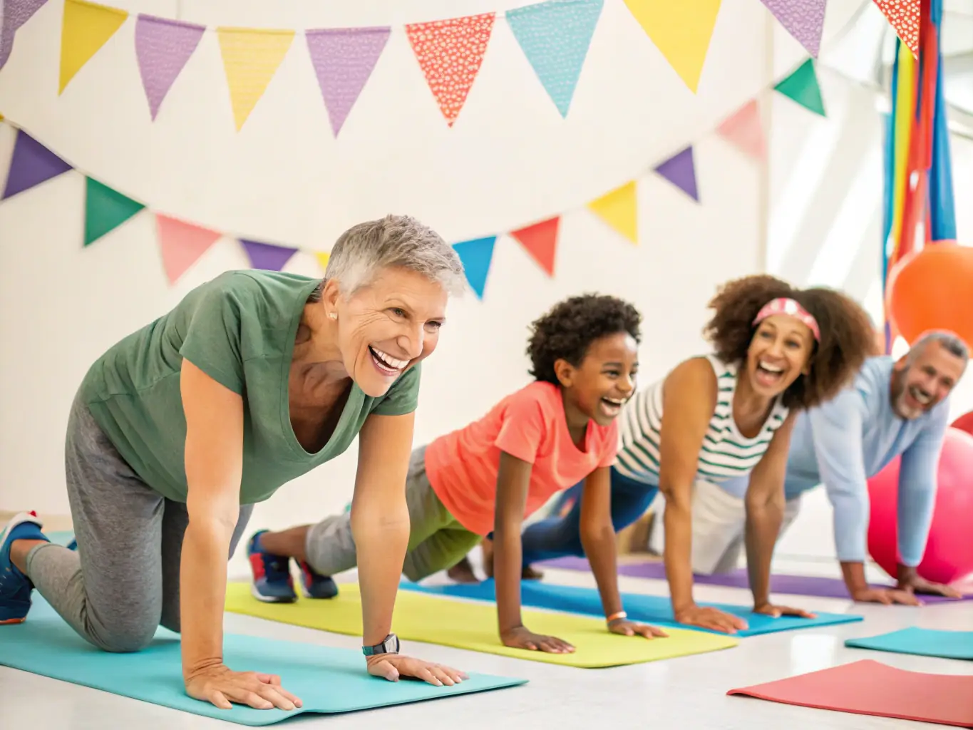 A photograph capturing a group of diverse individuals participating in a community fitness class outdoors, with a focus on their smiling faces and active engagement.