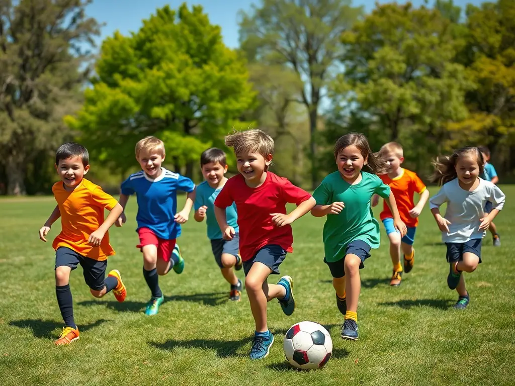 A vibrant image of children participating in a soccer clinic, showcasing teamwork and active engagement, set against a sunny backdrop to convey the joy of sports.
