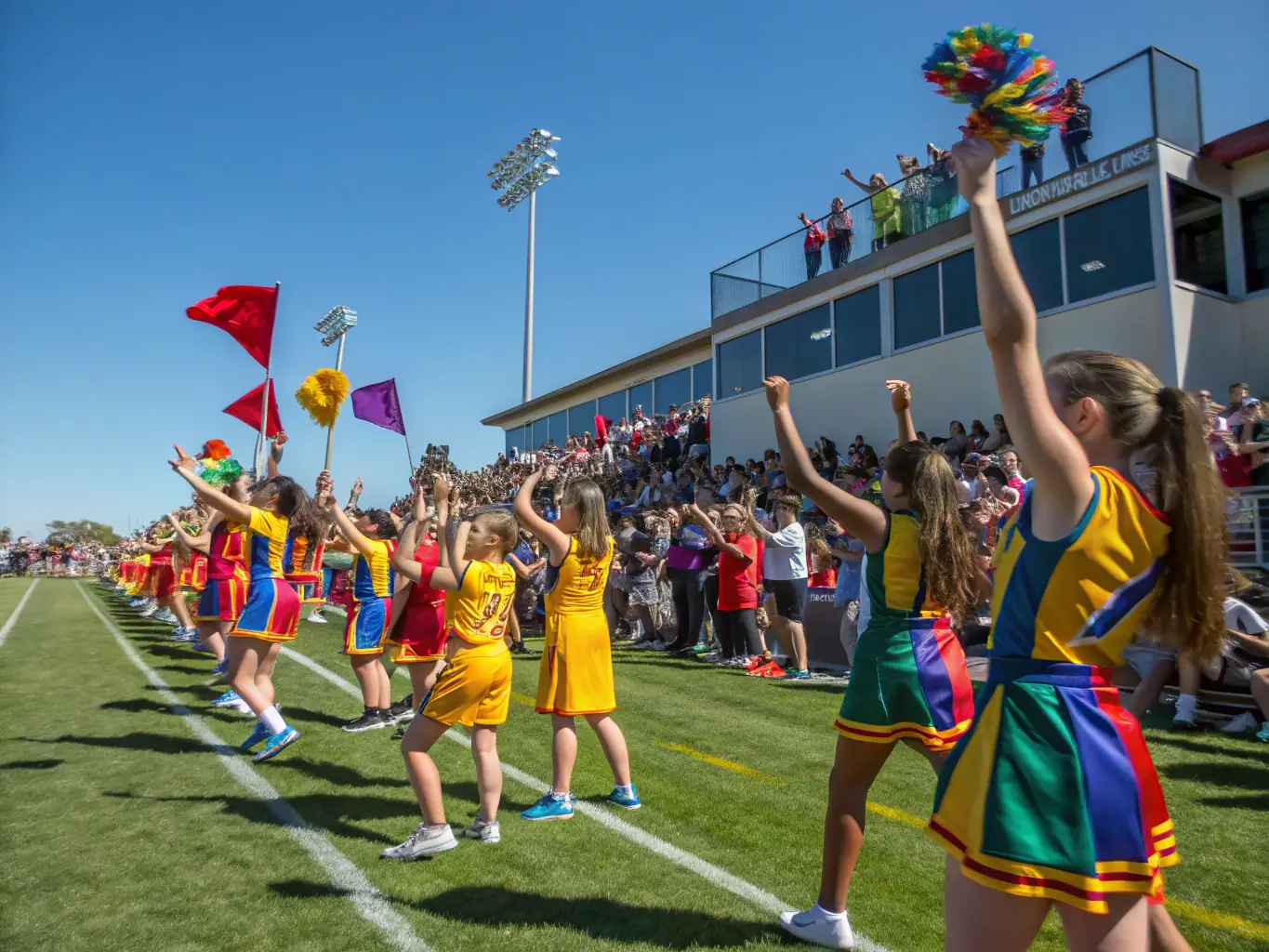 A dynamic image of athletes competing in a local sports tournament, highlighting the competitive spirit and community support, with banners and spectators in the background.